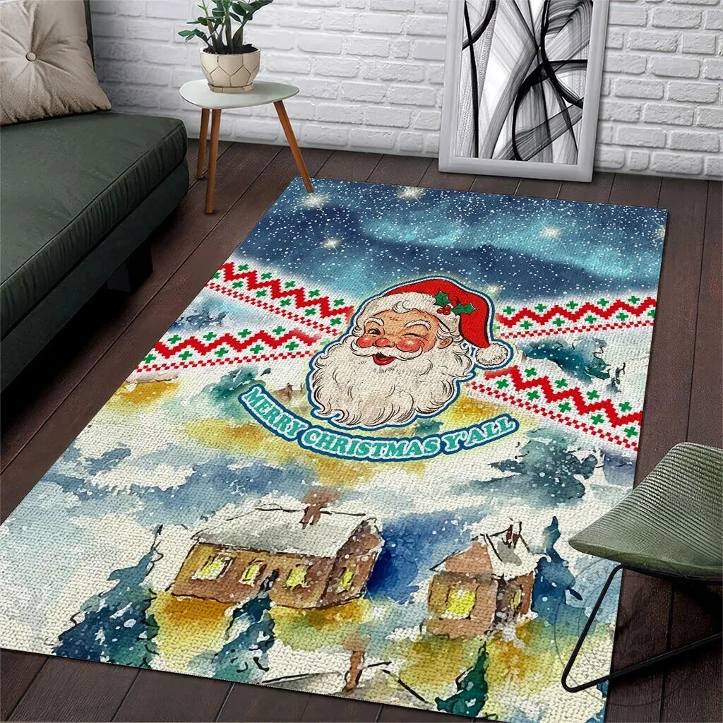 Merry Christmas Y'all Vintage Santa Claus Snowy Winter Scene Area Rug