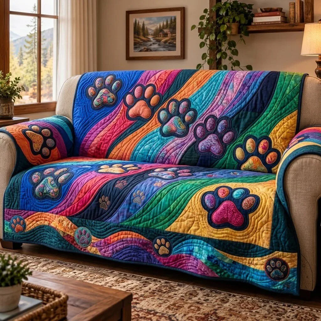 Colorful Paw Print Rainbow Quilted Sofa Cover for Living Room Decor 2 Colorful Paw Print Rainbow Quilted Sofa Cover for Living Room Decor