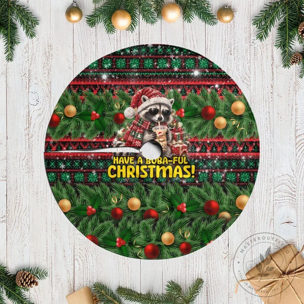 Funny Christmas Raccoon Drinking Boba Tea Holiday Tree Skirt