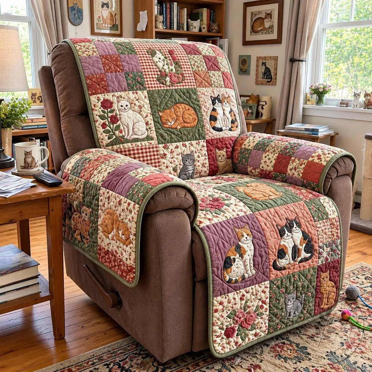 Cottage Rose Cats Quilted Recliner Slipcover Sofa Protector