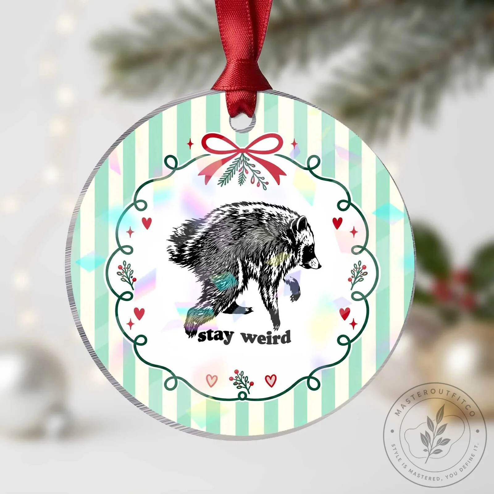 Stay Weird Jimothy Raccoon Vintage Woodcut Style Graphic Holographic Acrylic Ornament