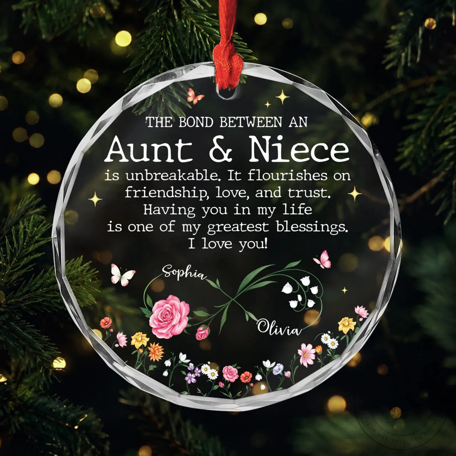 Personalized Aunt and Niece Bond Quote Floral Clear Glass Christmas Ornament