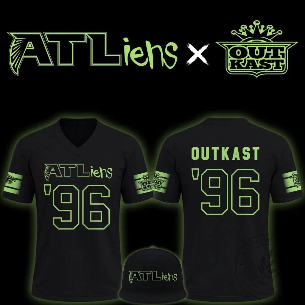 Outkast ATLiens 1996 Atlanta Falcons Football Team Black Fan Jersey Outkast ATLiens 1996 Atlanta Falcons Football Team Black Fan Jersey