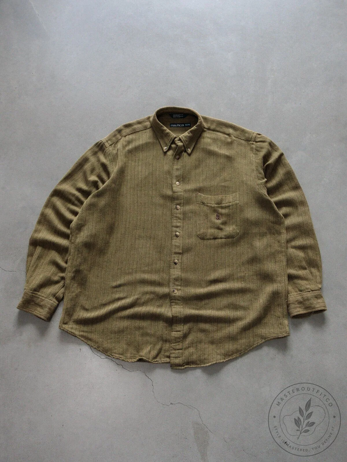 Vintage Nautica Brown Herringbone Long Sleeve Button Down Shirt