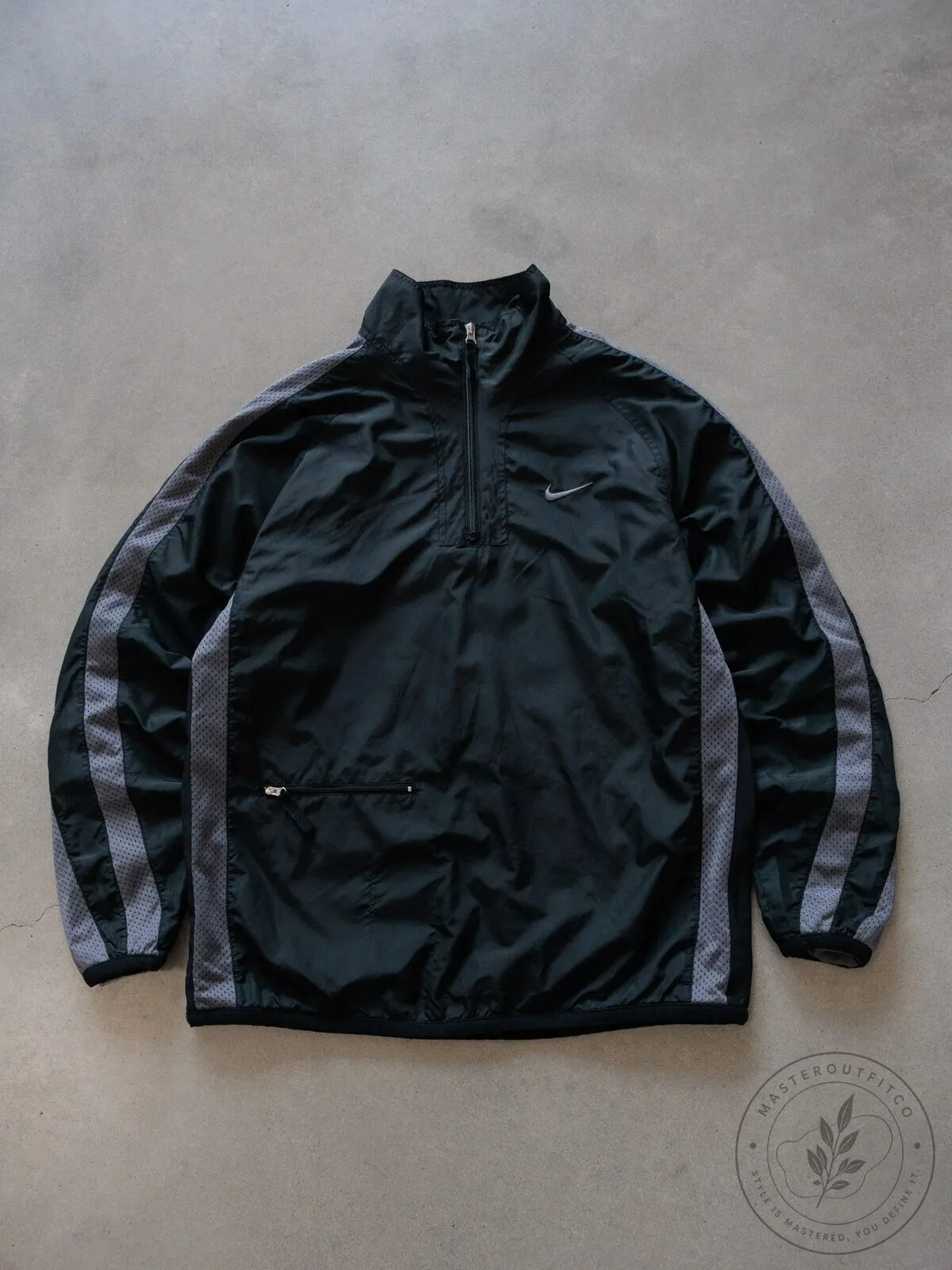 Vintage Nike Black Quarter Zip Windbreaker Jacket with Gray Stripes