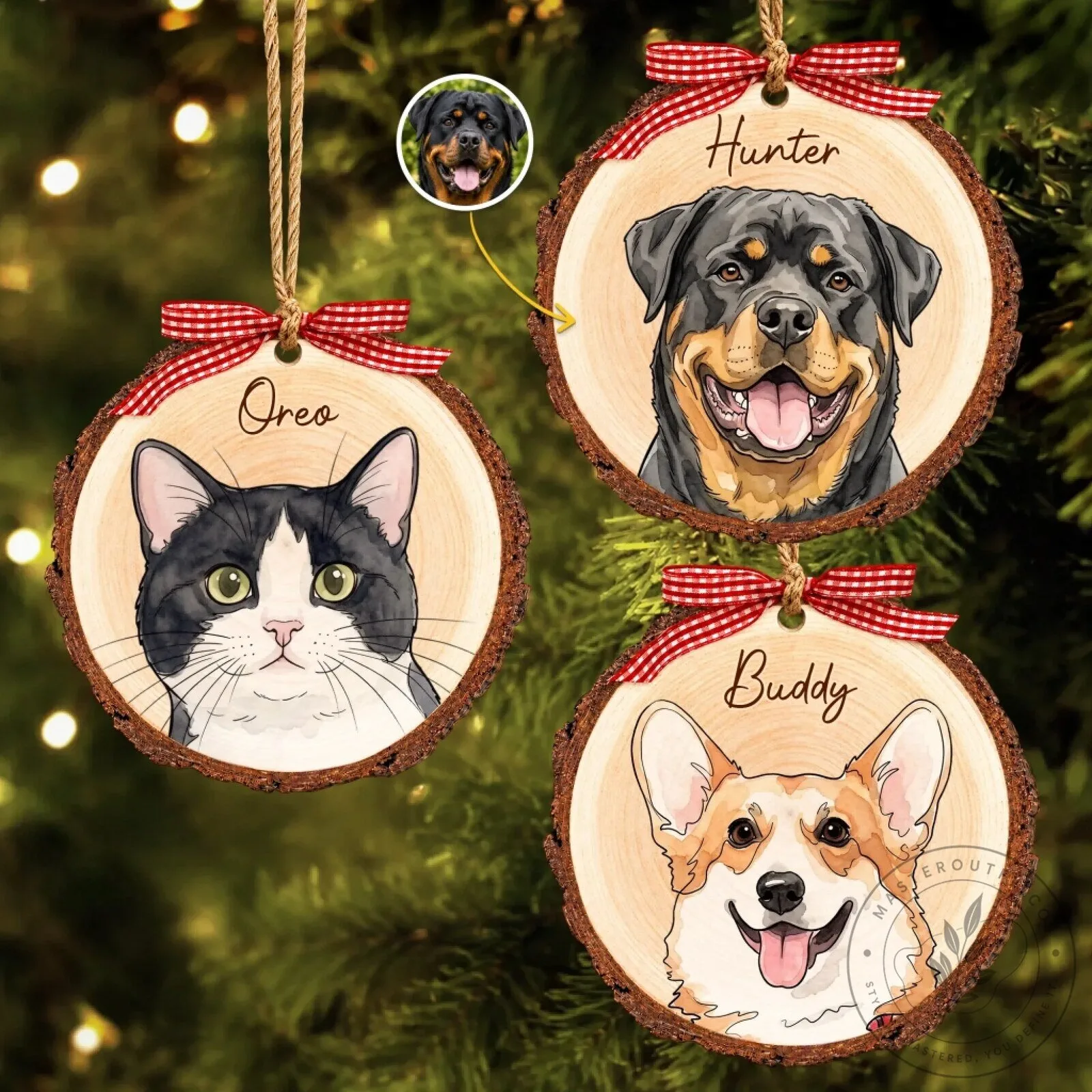 Personalized Pet Portrait Dog Cat Name Custom Wood Slice Christmas Ornament