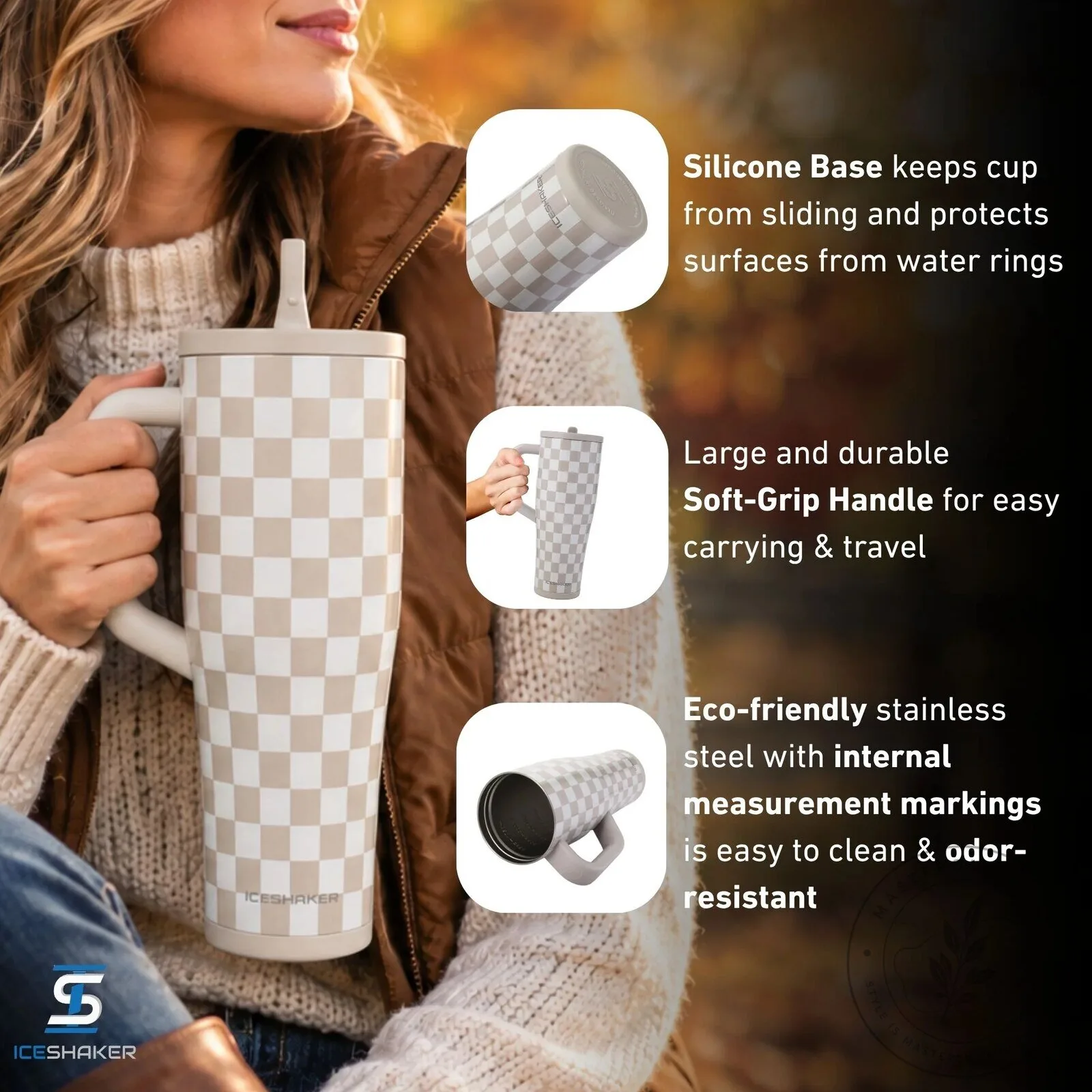 Checkered Pattern Insulated Stainless Steel Tumbler with Handle 15 Checkered Pattern Insulated Stainless Steel Tumbler with Handle